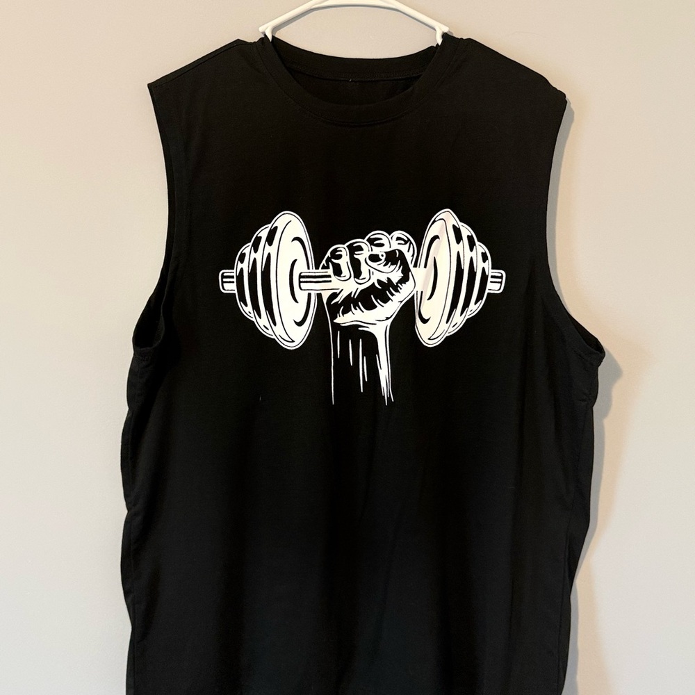 Black Graphic Muscle Tee Sleeveless Gym Shirt XL - Dumbbell Fist Logo